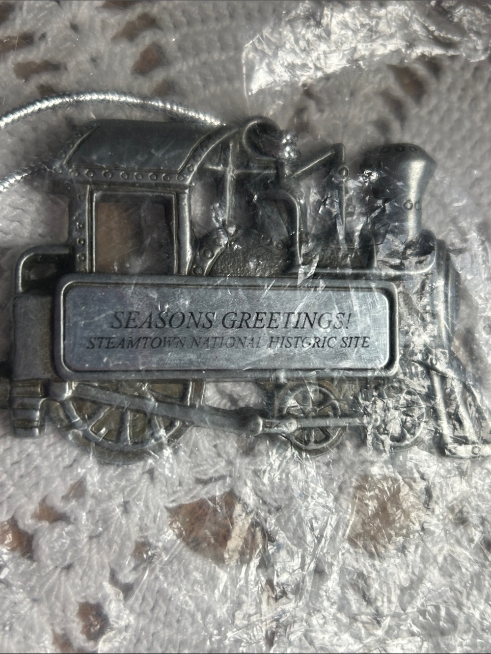 Seasons Greetings Silver Train Ornament. Steamtown Nat. Historic Site